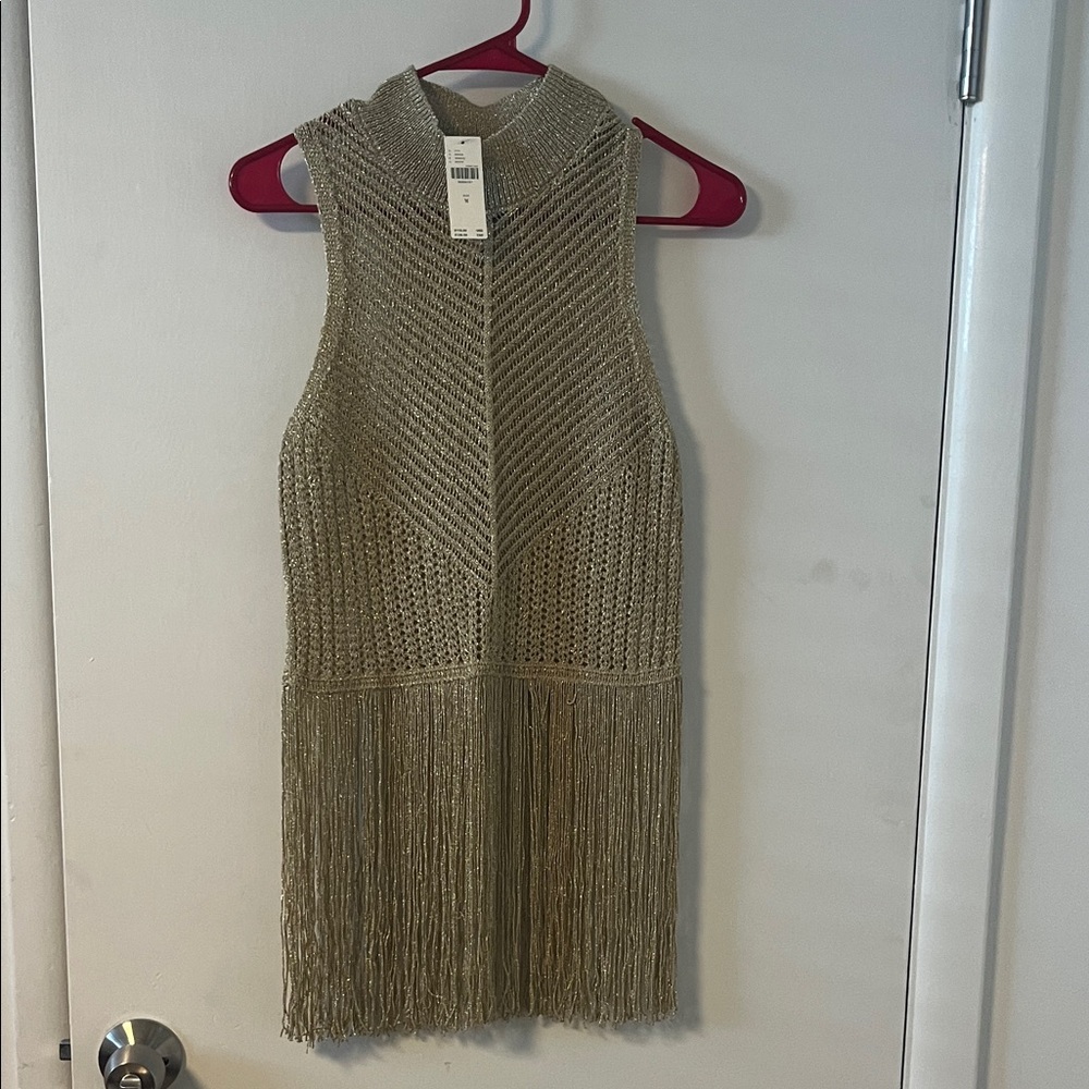 Anthropology shimmer, gold fringe tank top